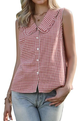 Allegra K Camicetta vintage a quadretti per donna con volant Peter Pan collare senza maniche Button Down camicia, Rosso, S