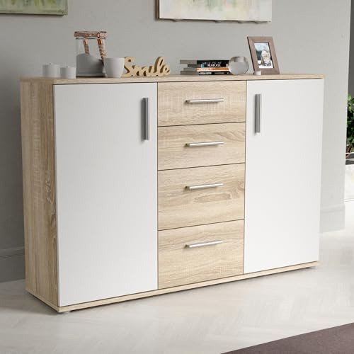 Forte IKOLI Kommode 120, Moderne Kommode, 2-türig, 4 Schubladen, Wohn-/Schlafzimmer, Flur, Holzwerkstoff, Weiß mit Sonoma Eiche Holzdekor, 119,6 cm breit x 81,7 cm hoch x 31,4 cm tief