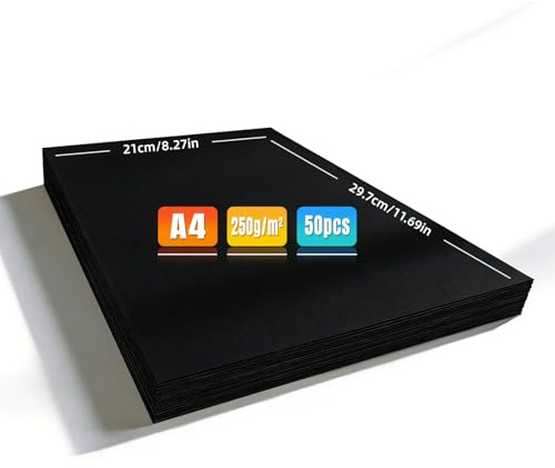 Nasxkji Cartulina fotográfica A4, papel grueso liso y delicado, 50 unidades, color negro, 250 g/m², papel de cartón A4, 297 × 210 mm, para manualidades, impresión, dibujo, garabatos, manualidades