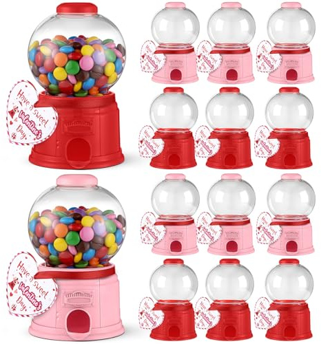 Jenaai 12 Pcs Valentine Candy Dispenser with Card Valentine ‘S Day Exchange Gifts for Class Mini Cute Candy Machine Vending with Ribbon for Kids Kindergarten Gift Desktop Birthday Party Favor