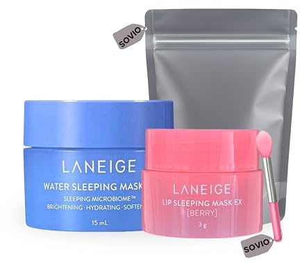 Laneige Lip Balm & Water Sleeping Mask Set (15ml + 3g), Korean Care Lip Mask & Mini Skincare Gift Duo with Applicator & Travel Pouch by Sovio