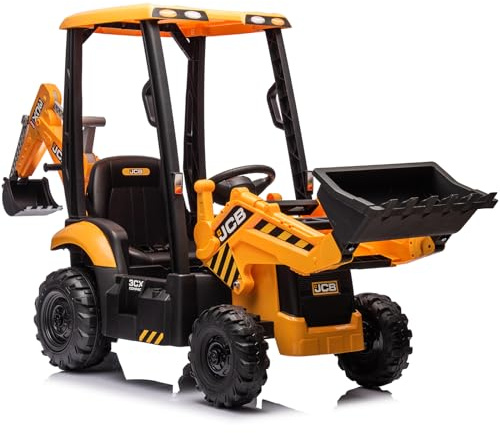 FRO JCB 12V Ride-On Excavator for Kids, 3-in-1 Electric Construction Vehicle with Remote Control, Reversible Seat, Backhoe & Bulldozer, 3-Point Harness & Canopy, Licensed JCB 3CX Toy for Boys & Girls