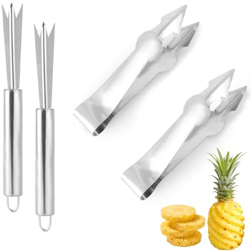 4pcs Pineapple Eye Remover Tools, Stainless Steel Pineapple Corer and Slicer Peeler and V-Shape Core Cutter Fruit Knife for Kitchen & Home Use Tool (2 Peeler & 2 V-Shape Cutter)