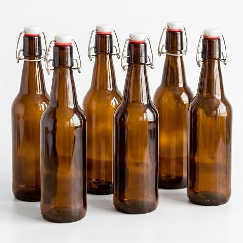 Relaxdays Botellas para Rellenar, Juego de 6, Botellas de Cristal con Cierre de Palanca para Aceite, Licor, Zumo, marrón
