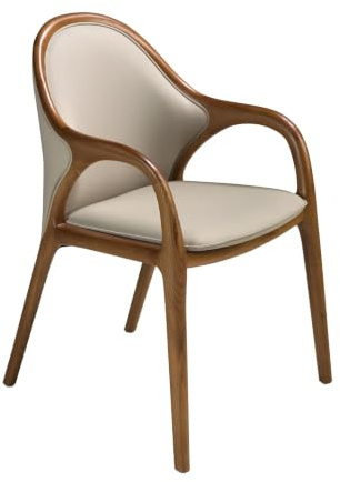 Angel Cerdá 4255 Chaise de salle à manger design moderne avec accoudoirs, assise et dossier tapissés en similicuir sable, pieds en bois couleur noyer clair, dimensions 58 x 64 x 89 cm