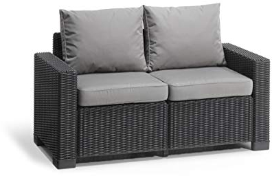 (2-Seater Sofa, Graphite) - Keter Allibert California 2 Seater Rattan Sofa Outdoor Garden Furniture - Graphite with Grey Cushions