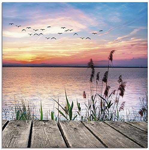 ARTland Wanddeko Glasbilder Wandbild Glas Bild einteilig Quadratisch Natur Steg Landschaft See Himmel Sonnenaufgang Vögel Wolken T9QD