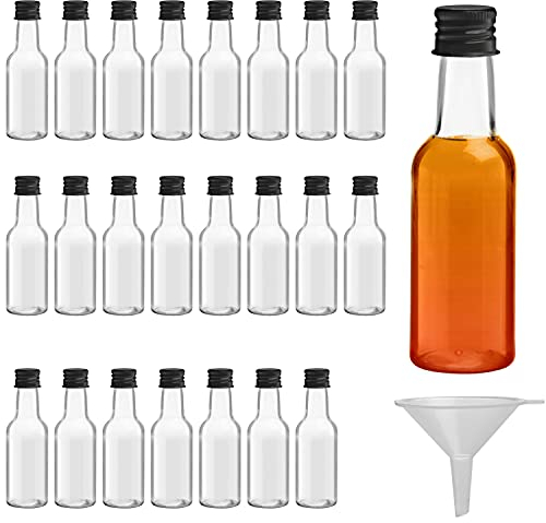 BELLE VOUS Small Liquor Bottles (24 Pack) - Reusable Plastic 150ml (5 fl oz) Empty Spirit Bottle with Black Screw Cap, Liquid Funnel for Easy Pouring, Filling - Bottles for Weddings & Parties