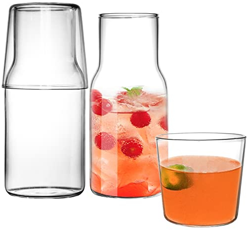 YOUEON 4 Pcs 500ml Clear Glass Bedside Carafe & Glass Set, Water/Juice Pitcher, Mouthwash Bottle for Nightstand, Kitchen, Bedroom & Bathroom