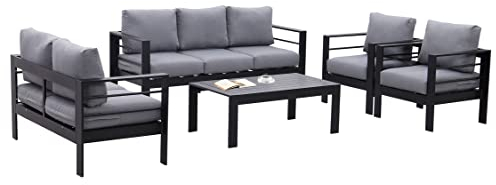 MeXo Sitzgruppe Outdoor Aluminium wetterfest 7 Personen, 12cm Deluxe Relax-Sitzkissen, Lounge Gartenmöbel, Alu Metall Schwarz