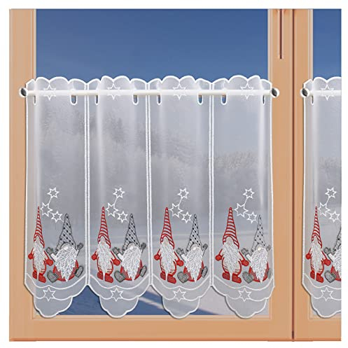 artex deko Bezaubernder Winter-Scheibenhänger Schneewichtel Weihnachtsgardine aus Plauener Spitze mit rot-Grauer Stickerei 112 x 48 cm