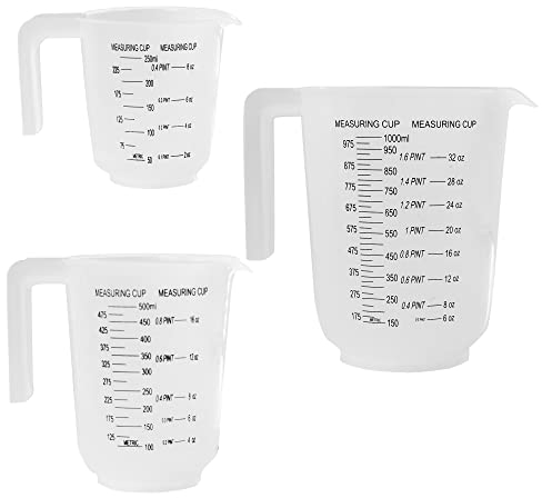 Plastic Lightweight Kitchen Measuring Jug Set of 3, Sturdy Hardwearing, Stackable, Bold Measuring Scale Markings in ml, Pints and Ounces, Pouring Lip and Handle, BPA Free