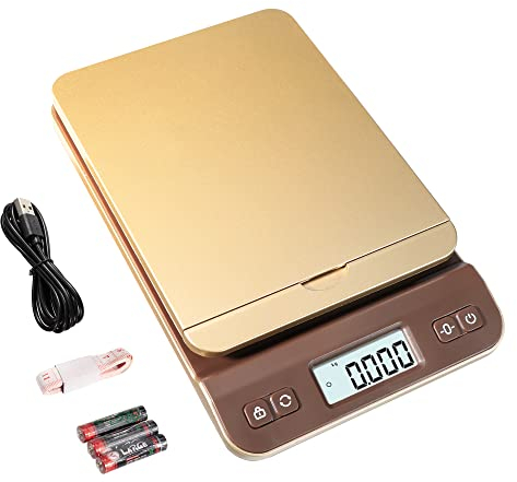 UNIWEIGH digital Postwaage 39kg/86lb, Briefwaage, Paketwaage, Plattformwaage, Küchenwaage, Grammwaage, Postal Scale mit Hold-Tara-Funktion für Büro, Haus,Lager, Markt, USB-Kabel, Maßband - Gold