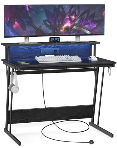 VASAGLE Gaming Desk with LED Lights and Built-In Power Outlets, Computer Desk with Monitor Shelf, Gaming Table for 2 Monitors, Office Desk, for Bedroom, 60 x 100 x 76 cm, Ebony Black LWD291B56