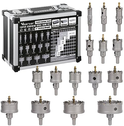 Vearter 15PCS Carbide Hole Saw Kit, 5/8'' to 3'' Metal Hole Cutter with Pilot Drill, Holesaw for Hard Metal, Stainless Steel, Iron, Mild Steel, Aluminium, Alloy, Plastic, Fiberglass