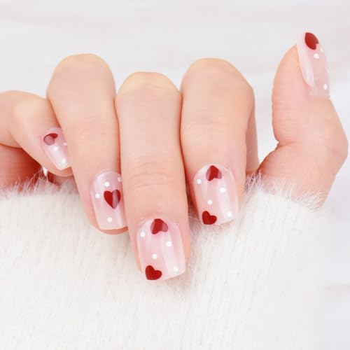 COLOFALLA 24 Stücke Künstliche Nägel zum Aufkleben Kurz Rot Herz Falsche Nägel Fingelnägel DIY Nagelkunst für Frauen Damen mit Kleberpads für Neujahr Geburtstag