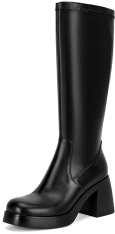 Dsevht Botas altas hasta la rodilla de cuero rojo oscuro para mujer, plataforma de tacón grueso, botas borgoña, punta cuadrada y diseño de cremallera lateral, vestido de moda, botas Gogo de los años