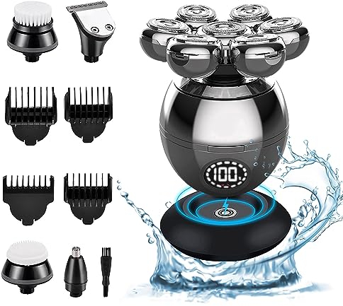 Rasoio Testa Calva, Rasoio Elettrico Barba 5 in 1 Impermeabile IPX7 con 7 Testine Rotanti, Display della batteria e Cavo di ricarica di tipo C, Rasoio per capelli a zero per Naso Orecchie Corpo Viso