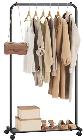 SONGMICS Perchero con Ruedas, Perchero de 74 cm, Burro para Ropa, con Estante de Almacenamiento de Malla Densa, Capacidad de Carga de 35 kg, 2 Frenos, Estructura de Acero, Negro HSR130B01