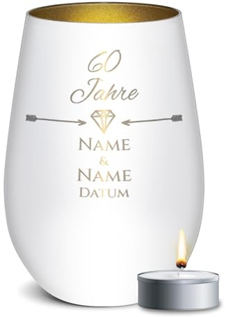 Print Royal PR Weißes Windlicht mit Gravur zur Diamantenen Hochzeit - 60 Jahre - mit Namen & Datum - Hochzeit Geschenke Diamantene Hochzeit | inkl. Teelicht, 450 ml, Innen Gold