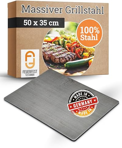 Plaque de cuisson en acier 123 ignifuge - 50 x 35 cm - Plaque en acier massif pour barbecue au charbon et à gaz - Alternative plancha de 8 mm d'épaisseur - Plaque de cuisson fabriquée à la main