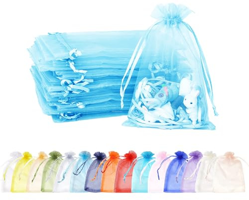 MORAINJAY 100 Stück Seeblau Organzasäckchen,10x15cm Geschenkbeutel Organzabeutel Organza Beutelchen mit Kordelzug Sie als Hochzeit Bonbonsbeutel,Schmuckbeutel,Weihnachtsgeschenke,Geburtstag Party