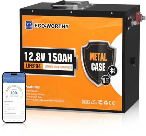 ECO-WORTHY 12V 150Ah LiFePO4 Batterie Bluetooth 120A BMS Low-Temp Schutz | 1920Wh Lithium Batterie mit 120A BMS & 15000 Zyklens für Wohnmobile,Trolling-Motor,Boot,Camping,Solaranlage Komplettset