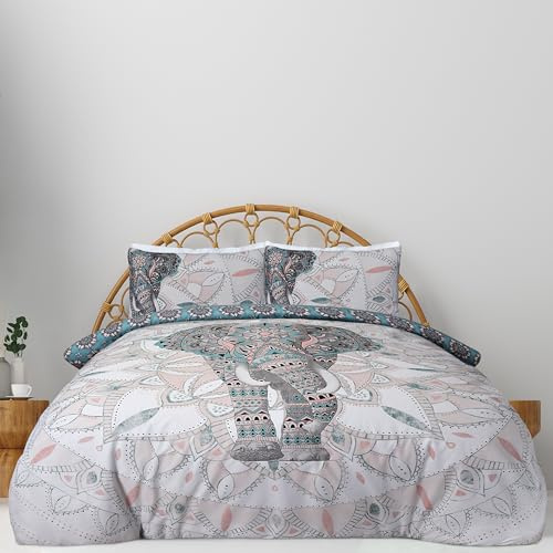SmartLiving Luxury Reversible Polycotton Easy Care Bedding Quilt Cover, Textured Duvet Cover Set, Bed Covers - Elephant Mandala (Teal, King)