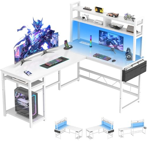 Devoko Escritorio de Juego con LED, Escritorio de Esquina Escritorio de Juego con 2 enchufes y 2 Puertos USB, Escritorio de Ordenador con Almacenamiento, Marco de Acero, 160 x 120 cm, Blanco