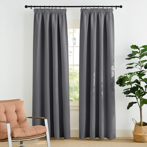 PONY DANCE Thermovorhang Hitzeschutz Kräuselband Gardinen Blickdicht | 2er Set, H220 x B140 cm, Grau, Vorhang Verdunkelung, für Schienensystem, Sichtschutz, für Schlafzimmer Wohnzimmer Büro