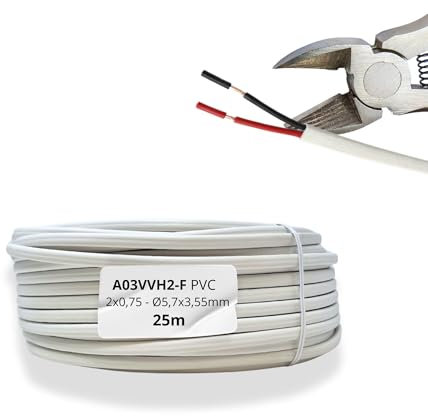 HALOTEC Cavo Flessibile Piatto 25m PVC 2x0,75mm² Bianco Rosso Nero | Tipo 03VVH2-F Rame Doppio | Filo Elettrico Interni LED | Isolamento Forte | Uso Casa & Industria | Cablaggio Resistente