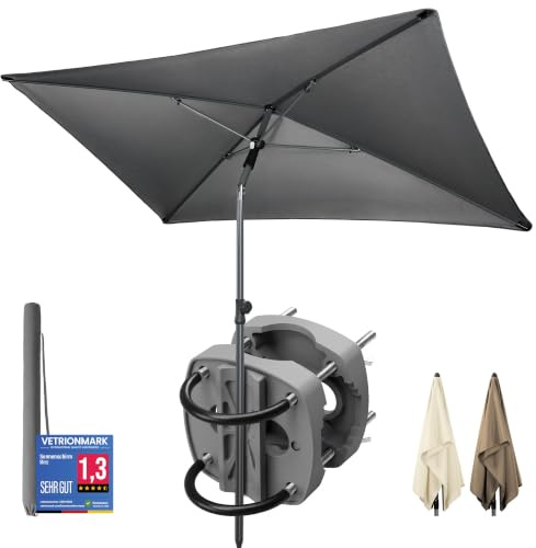 4smile Sonnenschirm Balkon SET 3-in-1, Sonnnenschutz Balkon, UV50+ Sonnenschirm rechteckig 200 x 125 cm + Sonnenschirmhalter Balkongeländer + Sonnenschirmhülle, Anthrazit