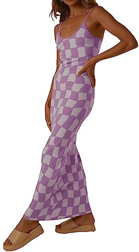 Felcia Robe longue en tricot à bretelles spaghetti pour femme - Sans manches - Imprimé damier - Robe caraco moulante - Robe caraco - Robe d'été - Robe de cocktail - Streetwear