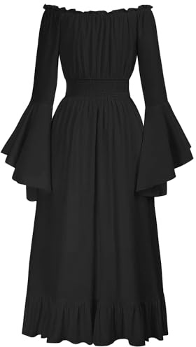kinstell Robe Victorienne de la Renaissance pour Femme, épaules dénudées, Manches Cloches, Robe Haute-Basse