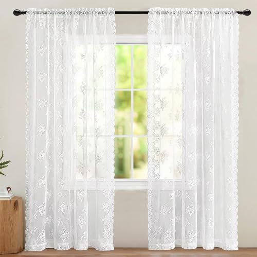 PORFOYO 2 Piezas Cortinas De Encaje Blanco, 200x150 Cm Cortinas De Cocina, con Flores Bordadas Transparentes En Tejido para Decorar Salones, Dormitorios O Terrazas con Estilo Vintage Y Romántico.