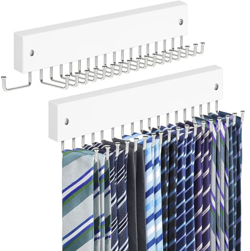 Tie Rack Belt Hanger Wall Mounted, Lomrsiul Non Slip 180 Degree Rotating Tie Organizer for Men Closet with 18 Hooks Closet Organizers and Storage for Tie Belt Necklace Purse Scarf Bag White 2 Pack