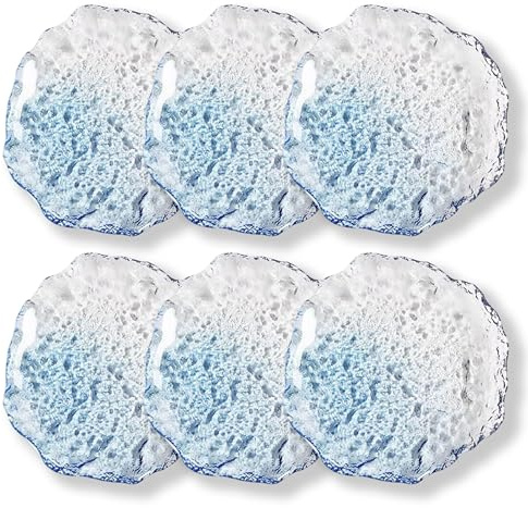 6 pcs Textured Glass Plates Wavy Edge Decorative Clear Modern Hammered Ice Appetizer Plates Set. Glass Serving Tray Dinner Appetizer Artistic Dinnerware Frosted Elegant (Blue, Medium (5.9in / 15cm))