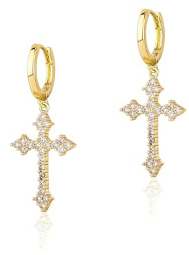 Auriselle Orecchini pendenti lunghi a forma di croce con strass da donna, orecchini pendenti lunghi lucidi strass, ganci con anello, perni regolabili, gioielli per donne e ragazze, oro