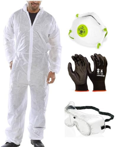 OS Smart Choice Lightweight Disposable Overall Set, 5 Overalls with Masks, Gloves and Goggles, Laboratory Protective Wear, Non-woven Polypropylene (White, XXL)