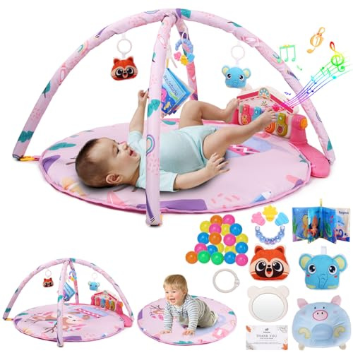 Baby Play Gym - Kick & Play Activity Mat with Piano, 5 Sensory Toys, Music, Lights, and Tummy Time Fun for Newborns to Toddlers with 4 LED Lights, 4 Press Keys, and 50 MIDI Pieces (Pink)