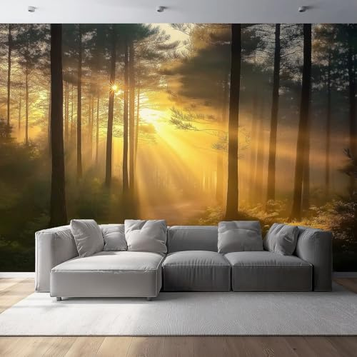 Papier Peint 200 x 140 cm Papier Peint Intissé Nature Forêt Pin Soleil Papiers Peints Panoramique Pour Salon Chambre Chambre D'Enfant Décoration Couleur imprimé Mural
