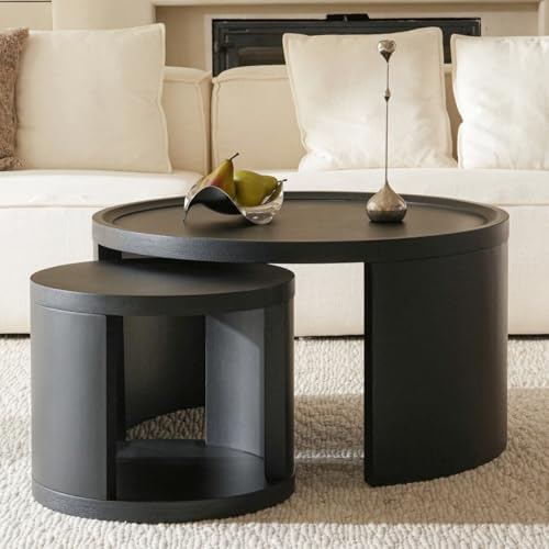 FAME HOME Round Nesting Coffee Table Set of 2, Black Coffee Table, 31.5 Large & 18 Small Low Tables with Wood Top, Center Table for Living Room, Bedroom, Minimalist Center Table Set