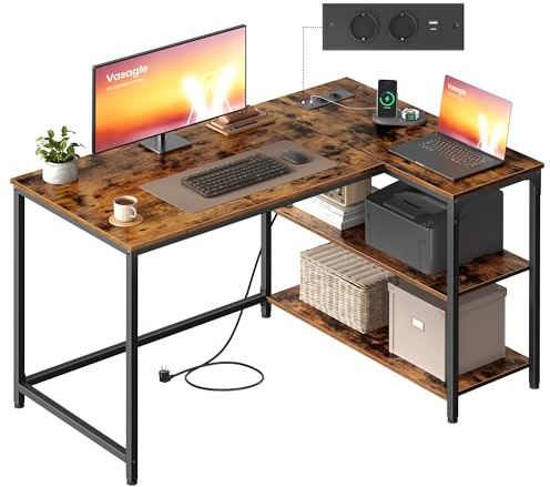 VASAGLE Bureau Gaming en L, Bureau avec Rangement, Étagères Réversibles à Hauteur Réglable, pour Domicile, avec Prises de Courant et 2 Ports USB, 110 x 80 cm, Marron Rustique LWD131KD01