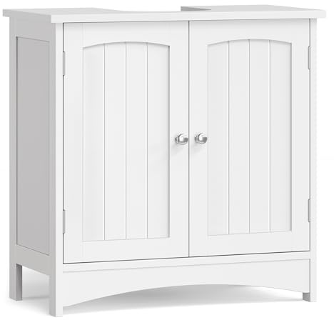 VASAGLE Mueble Bajo Lavabo con 2 Puertas, Armario para Debajo del Lavabo, Estante Ajustable, Amplio Espacio, Estilo Rústico, 30 x 60 x 60 cm, Blanco Nube BBC100WH01