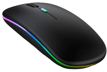 Ratón inalámbrico recargable RGB ultrafino 1600 DPI con doble modo Bluetooth 5.0 + 2.4 GHz, clic silencioso, 3 niveles de DPI (800/1200/1600), diseño ambidiestro, luz LED, tamaño compacto (Negro)