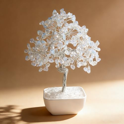 Emivery Crystal Tree of Life - 7 Inch Feng Shui Money Tree with 243 Gemstones for Calm & Intuition, Third Eye Chakra Healing, Handmade Purple Crystal Decor & Spiritual Gift (White)