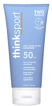ThinkSport Sunscreen 50 SPF 177ml (6oz) - Safer Zinc Oxide Mineral Formulation - Ideal for all Sport and Outdoor Pursuits - Non-Toxic Ingredients