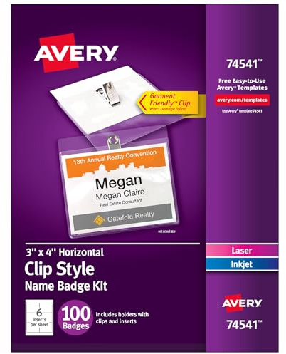 Avery Customizable Name Badges, Clip Style, 3 x 4, Clear Name Tag Holders, White Laser/Inkjet Printable Inserts, 100 Total (74541)