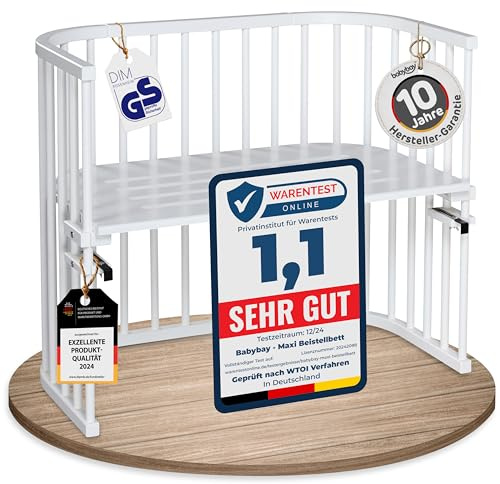 babybay Maxi extra großes Beistellbett aus massivem Buchenholz / Kinderbett Höhe stufenlos verstellbar & umweltfreundlich / mitwachsendes Babybett (weiß lackiert)