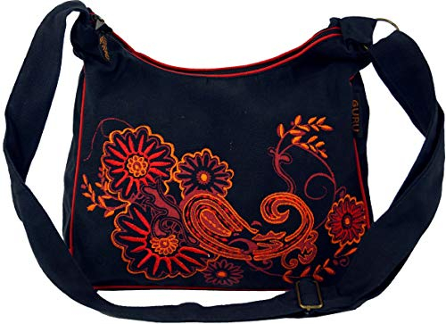 GURU SHOP Schultertasche, Hippie Tasche, Goa Tasche - Schwarz/rot, Unisex - Erwachsene, Baumwolle, 23x28x12 cm